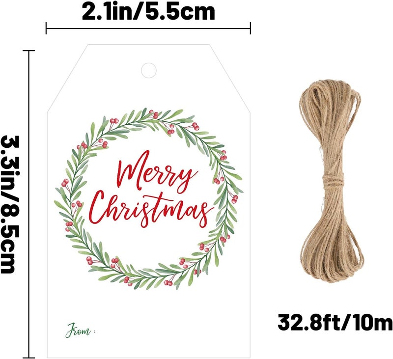 Alynta Merry Christmas Gift Tags - Holiday Wreath Gift Tags with String Xmas Tag 50Pcs Christmas Tag for Christmas Presents Gift Wrapping Xmas Decorations - Image 2